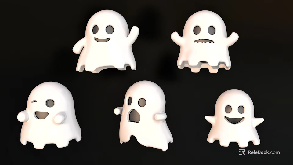 Cute White Ghost Ornaments With Different Expressions For Halloween Decorations 3d model 