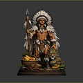 Native American Statue With Feathered Headdress Spear Leopard And Fruit Basket