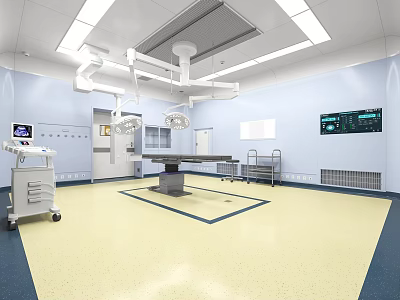 Modern Operating Room Setup With Surgical Table Surgical Lights Monitors Blue Walls And Yellow Floor 3d model