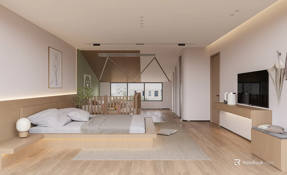 Modern Minimalist Hotel Room Interior With Platform Bed Wooden Floor And TV 3d model 