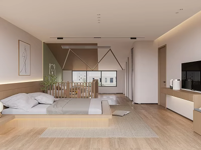 Modern Minimalist Hotel Room Interior With Platform Bed Wooden Floor And TV 3d model