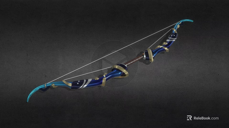 Blue Decorative Longbow With Gold Accents White String And Traditional Design 3d model 