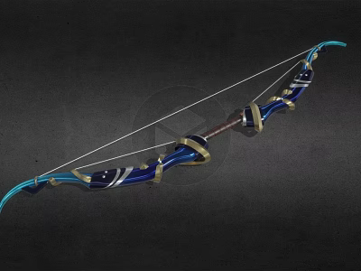 Blue Decorative Longbow With Gold Accents White String And Traditional Design 3d model
