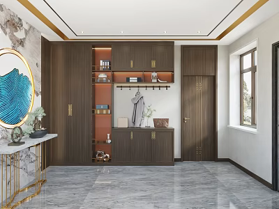 Modern Foyer Hallway Interior With Wooden Cabinets Mirror And Marble Floor 3d model