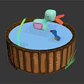 Charming Wooden Pond With Blue Water Large White Duck Small Yellow Duck Reeds And Grass