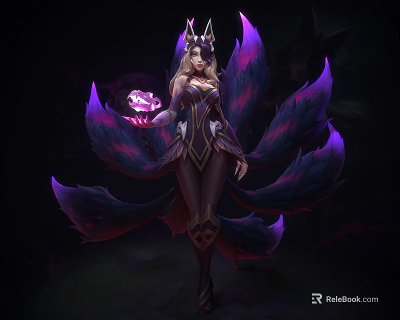 Game Movie Character Female In Ornate Costume With Purple Pink Fox Tails And Glowing Orb 3d model 