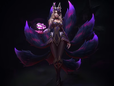 Game Movie Character Female In Ornate Costume With Purple Pink Fox Tails And Glowing Orb 3d model