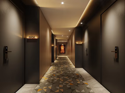 Elegant Hotel Corridor With Dark Walls Geometric Pattern Carpet Room Doors And Warm Lighting 3d model