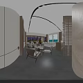 Modern Sales Office Interior With Comfortable Seating Display Counters And Large Glass Windows 3d model