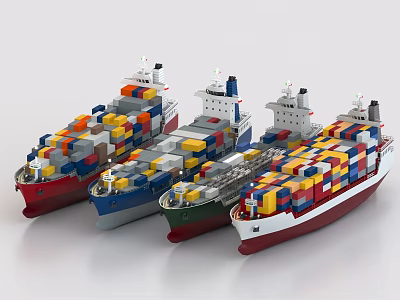 Four Different Colored Container Ships Loaded With Colorful Containers On Gray Background 3d model