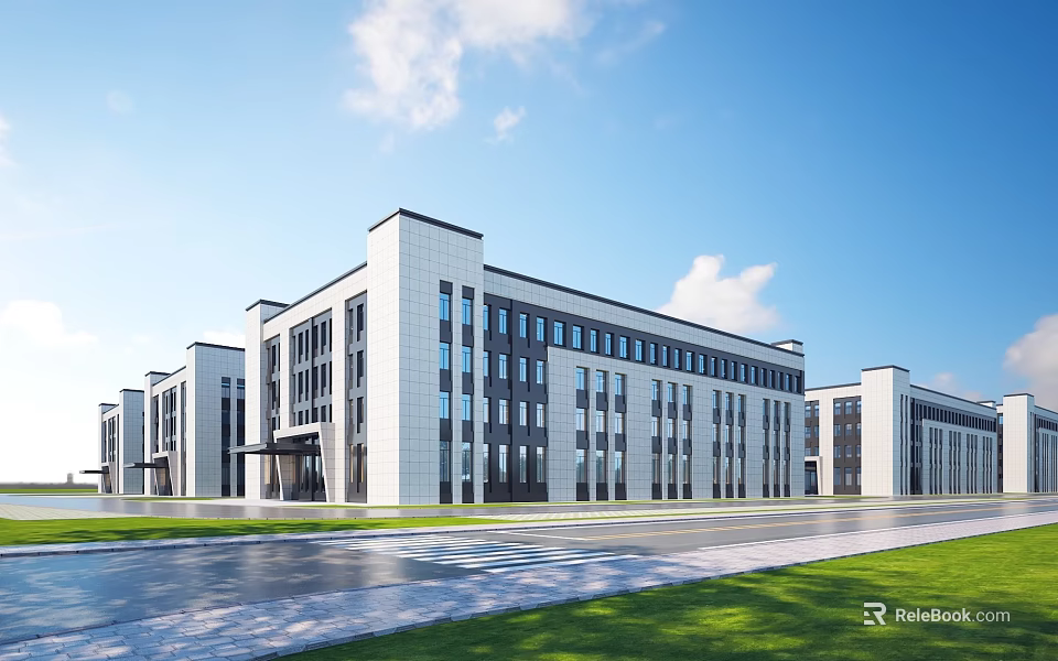 Modern Large Multi Story Industrial Factory Building With White Walls Glass Windows And Green Area 3d model 