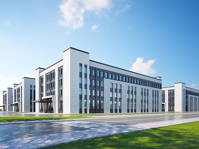 Modern Large Multi Story Industrial Factory Building With White Walls Glass Windows And Green Area 3d model
