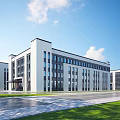 Modern Large Multi Story Industrial Factory Building With White Walls Glass Windows And Green Area