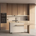 Modern Kitchen With Light Wood Cabinets Concrete Island Built In Oven And Under Cabinet Lighting