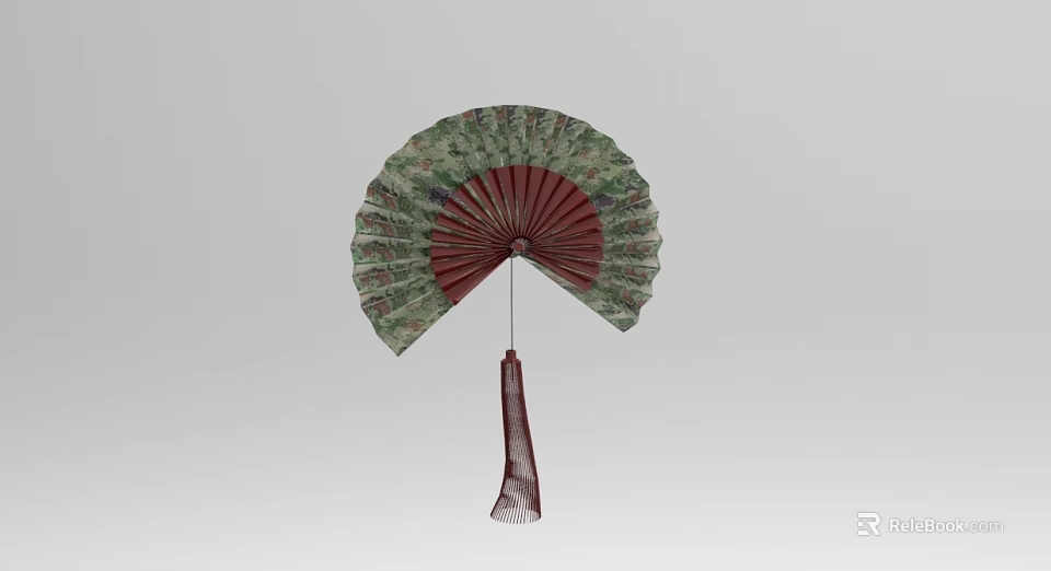 Traditional Hand Fan With Green Floral Pattern Red Ribs And Hanging Tassel 3d model 
