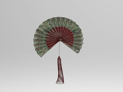 Traditional Hand Fan With Green Floral Pattern Red Ribs And Hanging Tassel 3d model