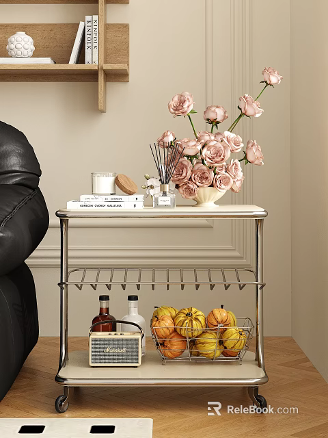 Elegant Side Table with Pink Roses Books Candle Below Metal Rack Yellow Fruits and Bottles 3d model 