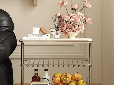 Elegant Side Table with Pink Roses Books Candle Below Metal Rack Yellow Fruits and Bottles 3d model
