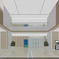 Modern Bright Lobby Interior Featuring Wooden Decor Glass Doors Blue Sign Green Plants And Self Service Kiosks