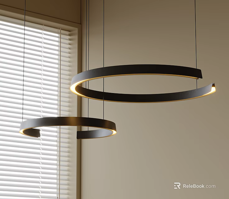 Modern Black Double Circular Ring Pendant Light With Illuminated Edges And Window Blinds 3d model