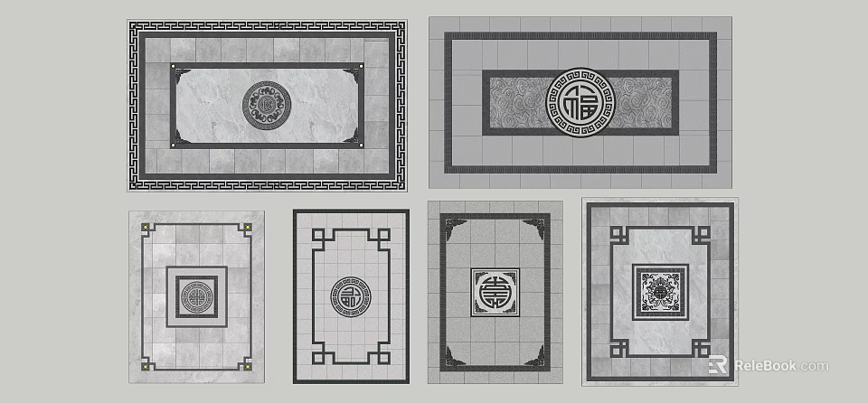 Traditional Chinese Garden Ornaments With Decorative Floor Patterns And Geometric Frames 3d model 