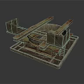 Industrial Scene Component With Rustic Metal Frame Platform And Circular Structure