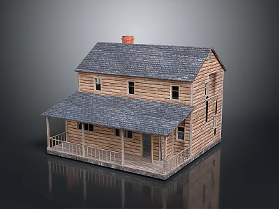 Two Story Wooden House With Gray Roof Red Chimney And Front Porch 3d model