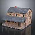 Two Story Wooden House With Gray Roof Red Chimney And Front Porch