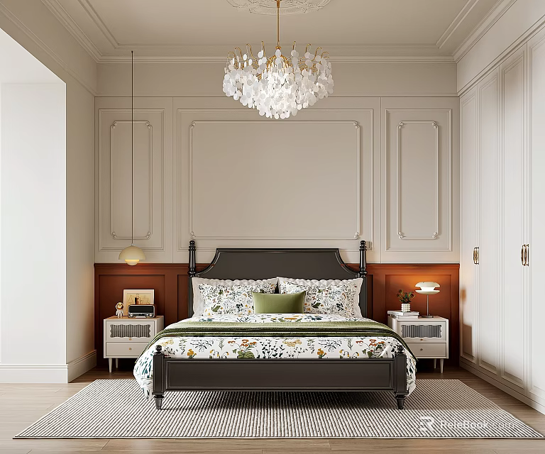 Elegant Bedroom Interior With White Wall Panels Crystal Chandelier Black Headboard And Green Pillows 3d model 