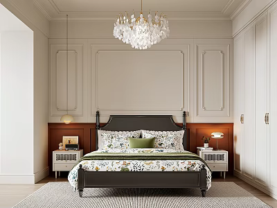 Elegant Bedroom Interior With White Wall Panels Crystal Chandelier Black Headboard And Green Pillows 3d model