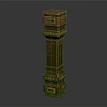 Decorative Column With Green Brown Textured Surface And Ornamental Carved Details