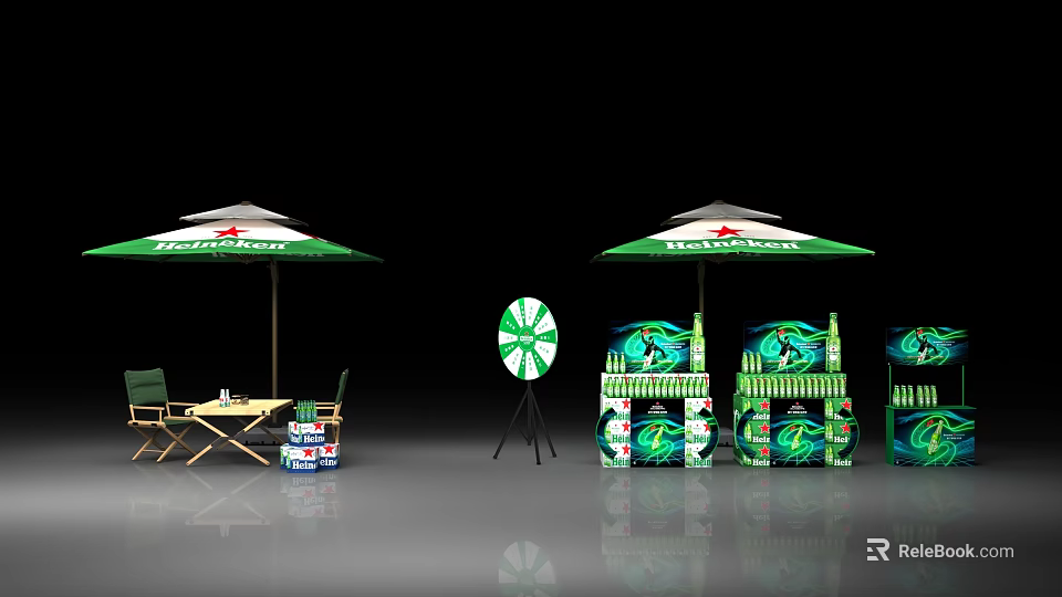 Outdoor Event Setup With Green White Umbrellas Table Chairs Spin Wheel And Display Boxes 3d model