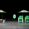 Outdoor Event Setup With Green White Umbrellas Table Chairs Spin Wheel And Display Boxes 3d model