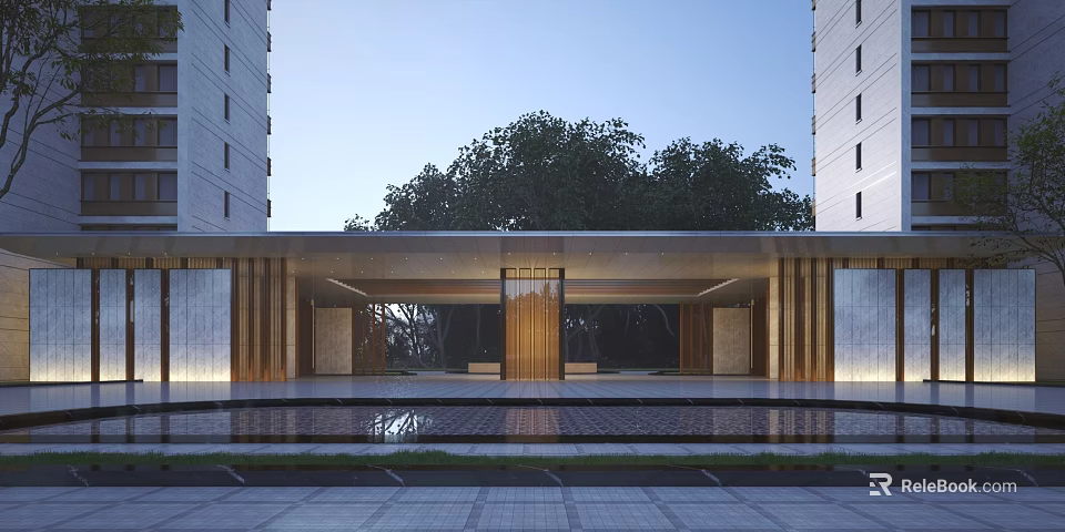Elegant Modern Entrance Gate With Glass Facade And Water Feature Surrounded By Trees 3d model 
