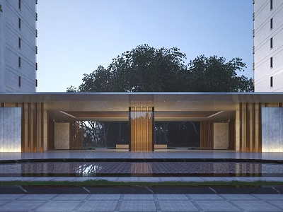 Elegant Modern Entrance Gate With Glass Facade And Water Feature Surrounded By Trees 3d model