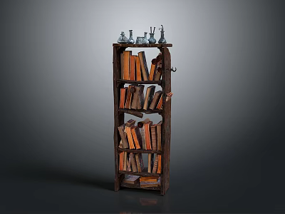 Rustic Wooden Bookshelf With Multiple Shelves Filled With Books And Decorative Items 3d model