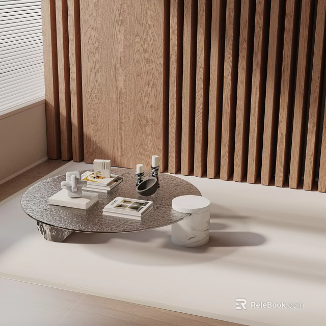 Modern Sofa Coffee Table Set With Round Glass Top And Marble Stool Books Candles 3d model 