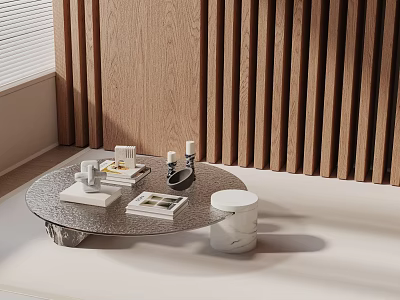 Modern Sofa Coffee Table Set With Round Glass Top And Marble Stool Books Candles 3d model