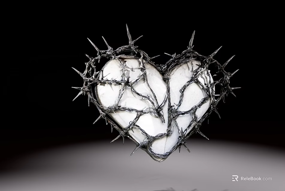 Heart Shaped Sculpture Carving with Thorn Wrapped White Fragmented Inner Design 3d model 