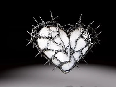 Heart Shaped Sculpture Carving with Thorn Wrapped White Fragmented Inner Design 3d model