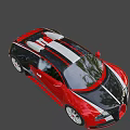 Red Bugatti Sports Car With Black White Stripes And Sleek Exterior Design