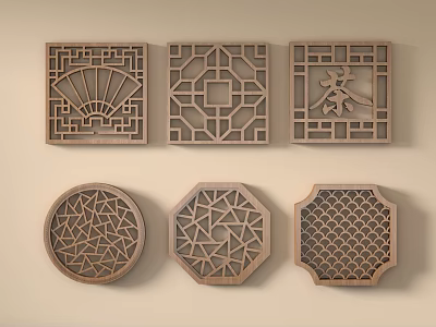 Traditional Wooden Carved Lattice Windows With Intricate Patterns And Various Shapes 3d model