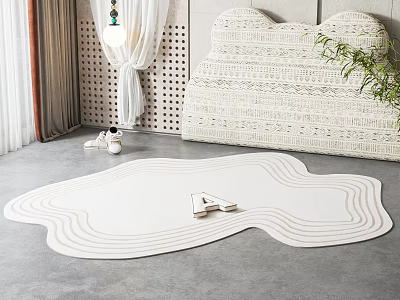 Modern Bedroom With White Shaped Rug Featuring Wavy Lines Letter A And Cloud Shaped Headboard 3d model