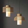 Modern Minimalist Chandeliers With Woven Shades Wooden Tops And Cream Inner Hanging On Dark Wall