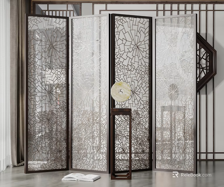 Modern Chinese Room Divider With Geometric Cutout Design And Translucent Panels 3d model
