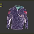 Navy Blue Hooded Jacket With Red Sleeves Striped Design And Chest Emblem