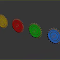 Copper Colored Hardware Tool Gears With Toothed Edges Arranged On Black Background With Reflections