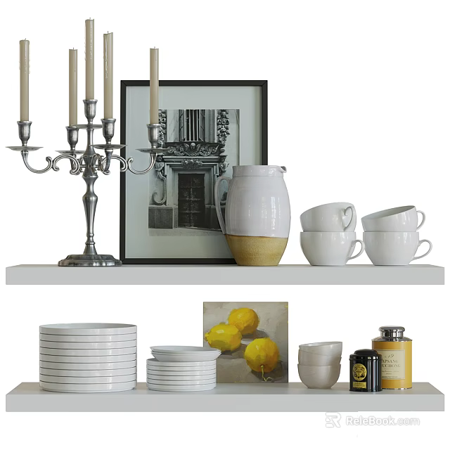 Decorative Ornament Set With Candelabra Framed Picture Pitcher Cups Plates And Lemon Painting 3d model 