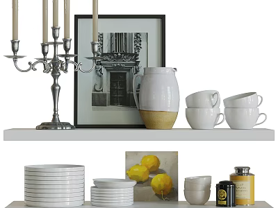 Decorative Ornament Set With Candelabra Framed Picture Pitcher Cups Plates And Lemon Painting 3d model