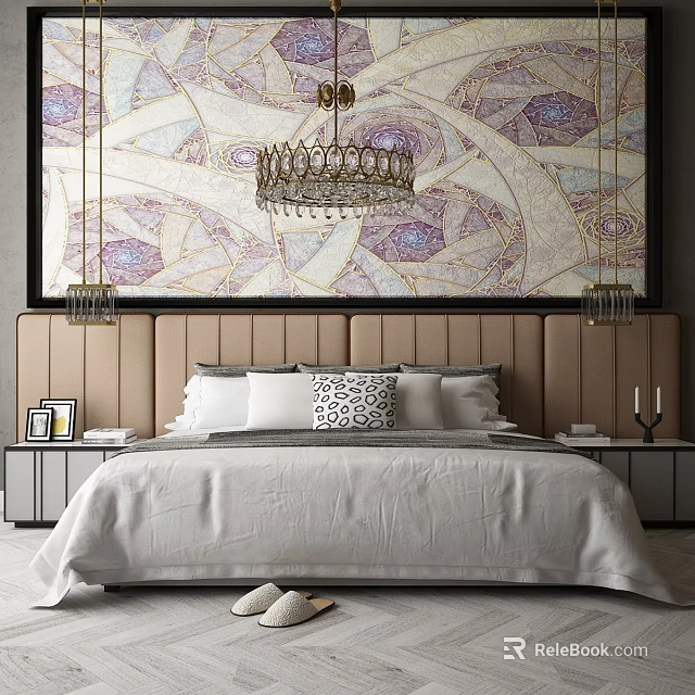 Elegant Background Double Bed With Beige Upholstered Headboard Abstract Art Wall And Crystal Chandelier 3d model 